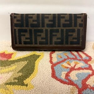 FENDI Vintage Zucca Canvas Leather Long Brown Wallet